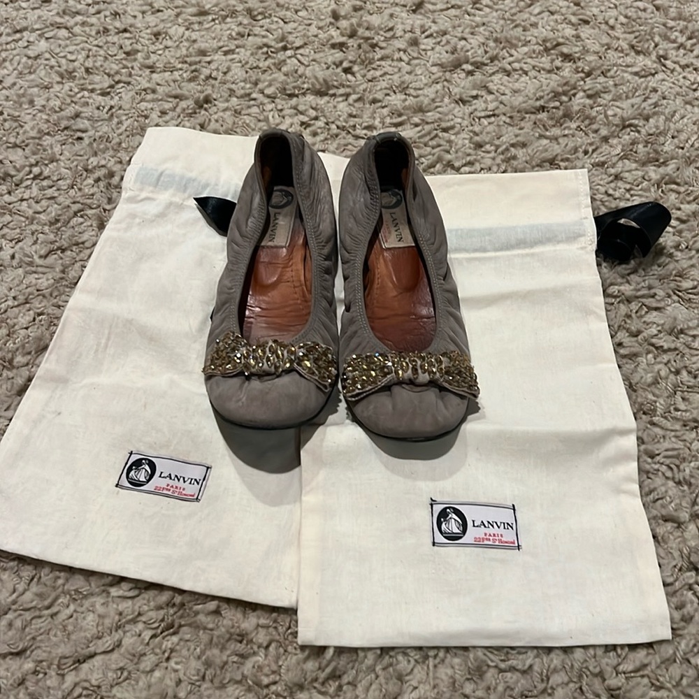 Women's Lanvin Ballet Flats Leather Suede Rhinestone Crystal Bows